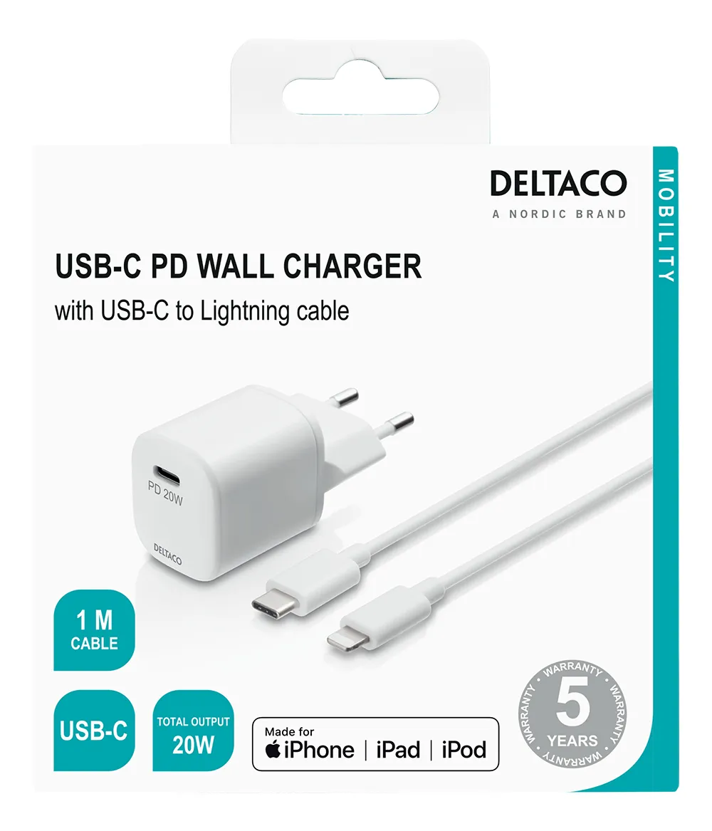 Deltaco PD 20W USB-C - laddare med Lightning kabel, Vit, 1m
