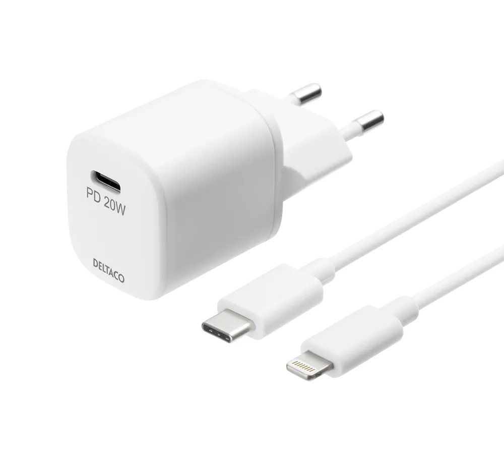 Deltaco PD 20W USB-C - laddare med Lightning kabel, Vit, 1m