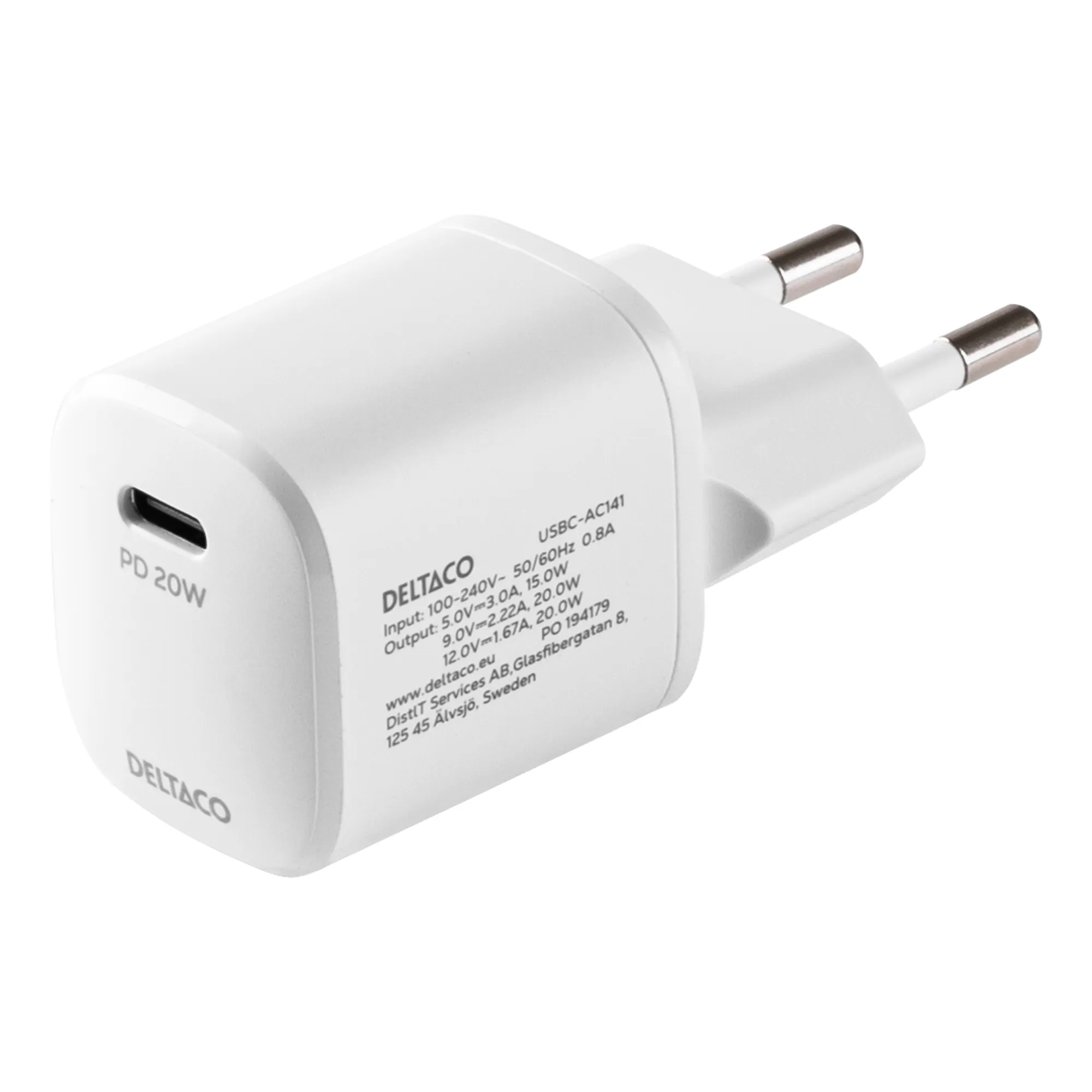 Deltaco PD 20W USB-C - charger with Lightning cable, White, 1m