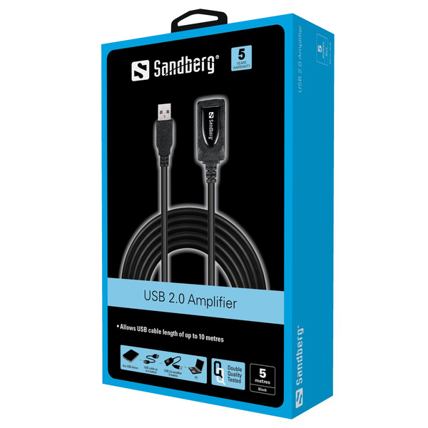 SANDBERG Extension USB2.0 AA 5m Active cable comprises an amplifier enabling USB connections exceding 5 meters 197 inches