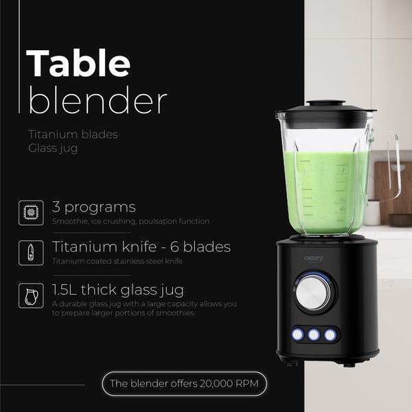 Camry CR 4088 Blender, 1800 W, 1.5 L Glass Jar, Piano Black