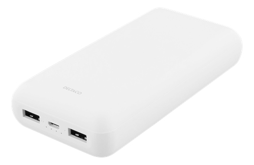 DELTACO 20 000 mAh Powerbank, 2x USB-A, 2.1A, LED-indikator, vit