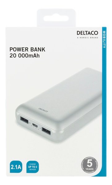 DELTACO 20 000 mAh Powerbank, 2x USB-A, 2.1A, LED-indikator, vit