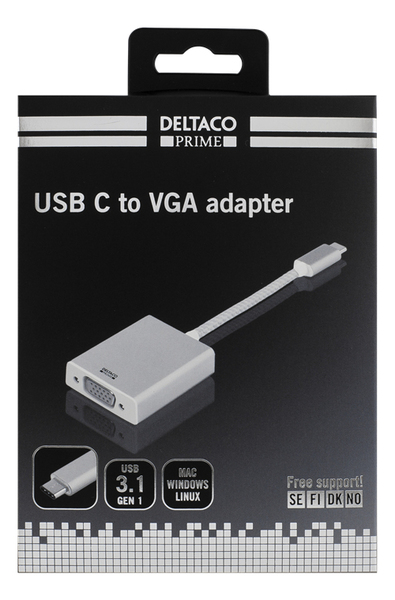 DELTACO PRIME USB-C - VGA-sovitin, 1080p, alumiinia, hopea