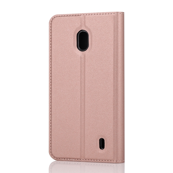 Wave Book Case ruusukultainen suojakotelo Nokia 2.2 (2019) puhelimelle. Magneettisulkuinen kansi, korttipaikat RFID suojauksella ja l&auml;pin&auml;kyv&auml; muovikelkka (PC).