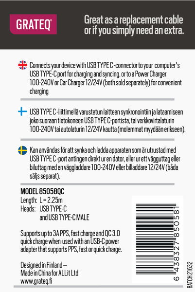 Grateq USB-C - USB-C Quick 100W - kabel, 2,25m, Vit