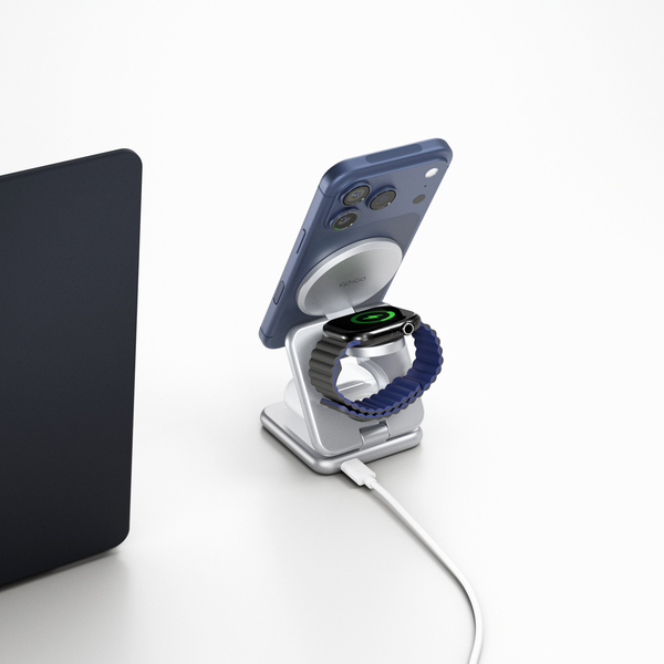 Epico UltraBase Qi2 25W 3in1 Fold Metal Mag+ Wireless Charging Stand EF60 | Silver | Protective  &amp;  Travel Pouch Included