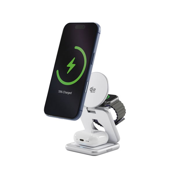 Epico UltraBase Qi2 25W 3in1 Fold Metal Mag+ Wireless Charging Stand EF60 | Silver | Protective  &  Travel Pouch Included