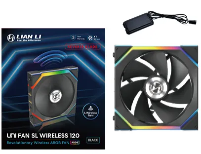 LIAN LI UNI FAN SL Wireless Reverse Blade PWM ARGB -tuuletin, nestelaakeri, 120 mm, musta