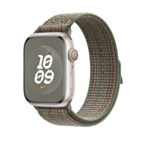 Apple Watch 45 mm Nike Sport Loop -ranneke, Sequoia/Orange