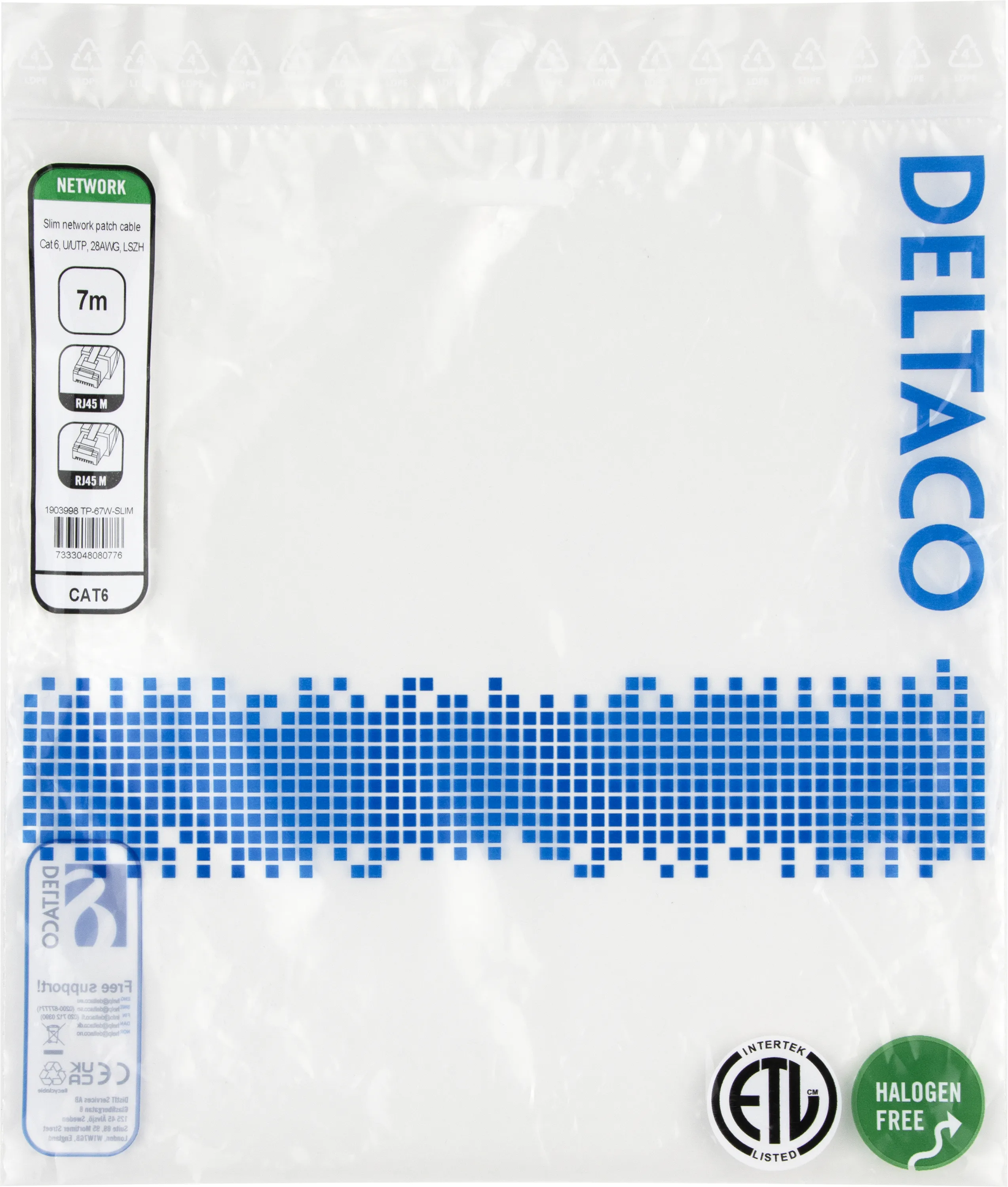 Deltaco Cat6 UTP RJ45 7m n&auml;tverkskabel, vit