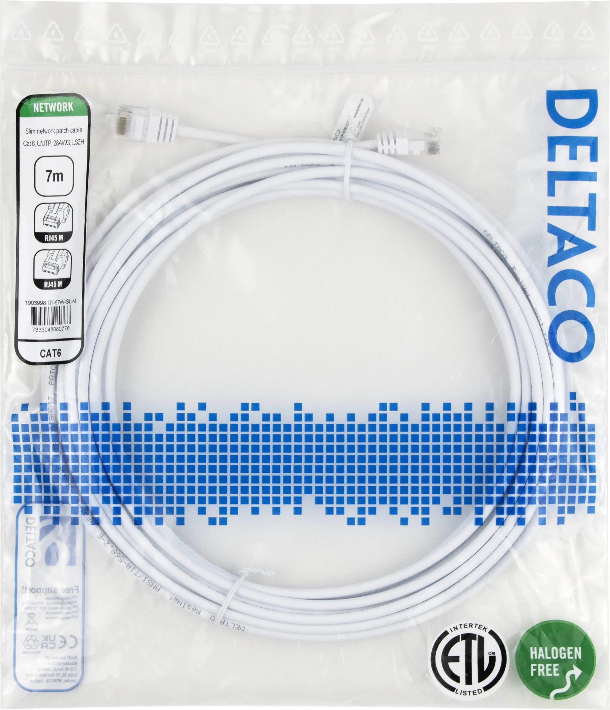 Deltaco Cat6 UTP RJ45 7m n&auml;tverkskabel, vit