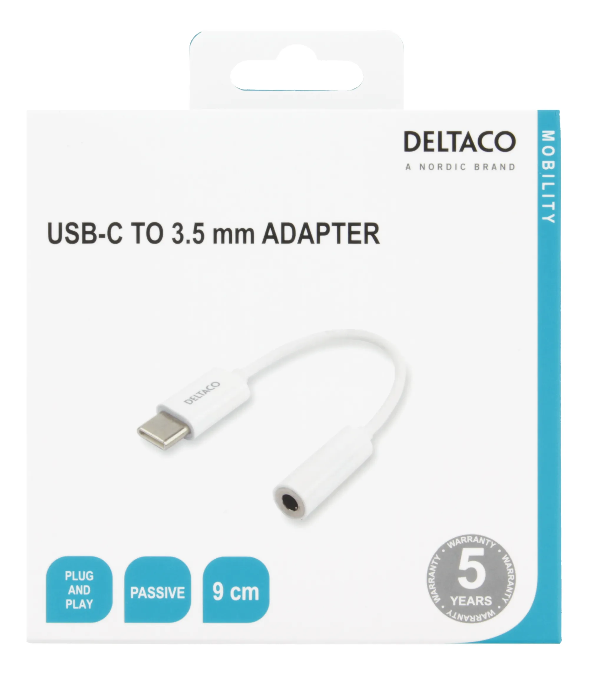 DELTACO USB-C to 3.5 mm female, 10 cm, passive, white