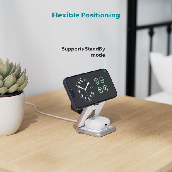 Epico UltraBase Qi2 25W 3in1 Fold Metal Mag+ Wireless Charging Stand EF60 | Silver | Protective  &amp;  Travel Pouch Included