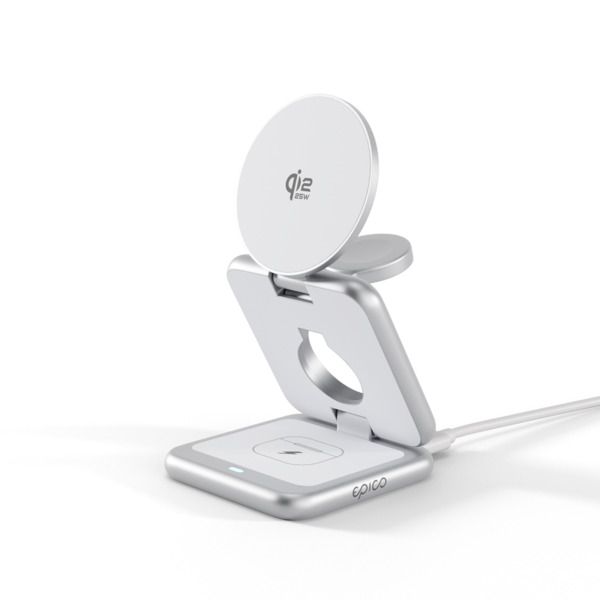 Epico UltraBase Qi2 25W 3in1 Fold Metal Mag+ Wireless Charging Stand EF60 | Silver | Protective  &amp;  Travel Pouch Included