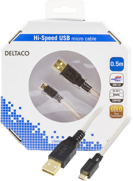 DELTACO USB 2.0 typ A till Micro-B USB, 5-pin, 0,5m