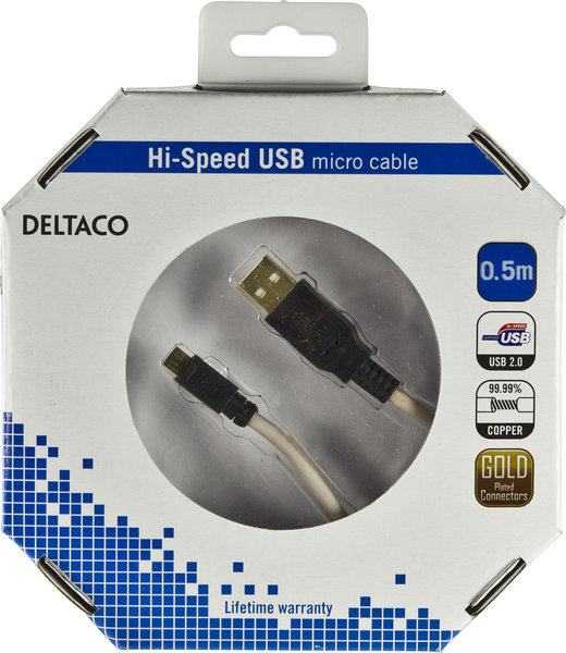 DELTACO USB 2.0 typ A till Micro-B USB, 5-pin, 0,5m