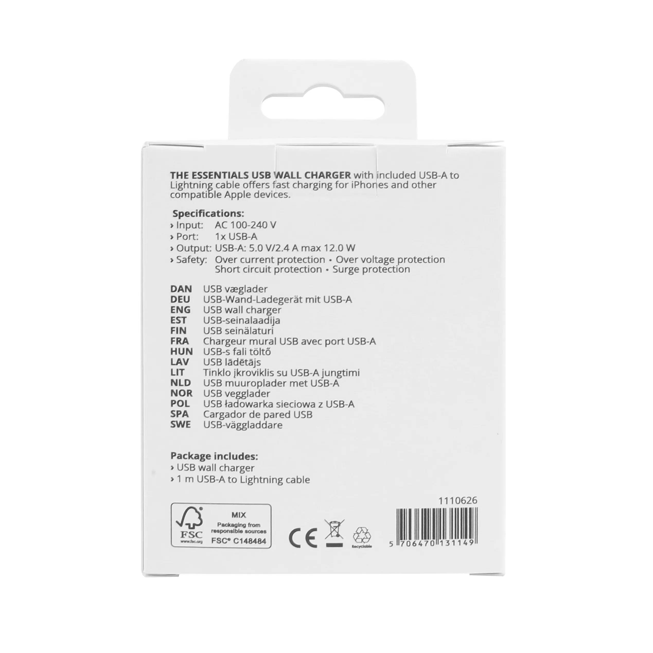 Wall Charger 12W, USB-A Light. MFi, Cable 1m,Black