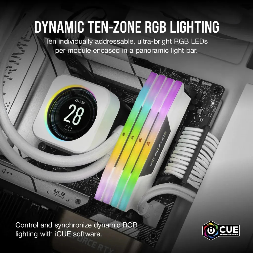 Corsair VENGEANCE RGB 64 Gt (2 x 32 Gt) DDR5 6400 MHz, CL32 -muisti, valkoinen (XMP)
