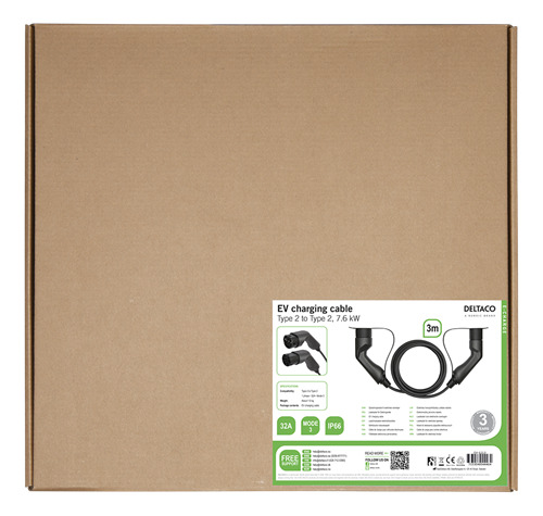 DELTACO e-Charge, cable type 2 - type 2, 1 phase, 32A, 3M -s&auml;hk&ouml;auton latauskaapeli