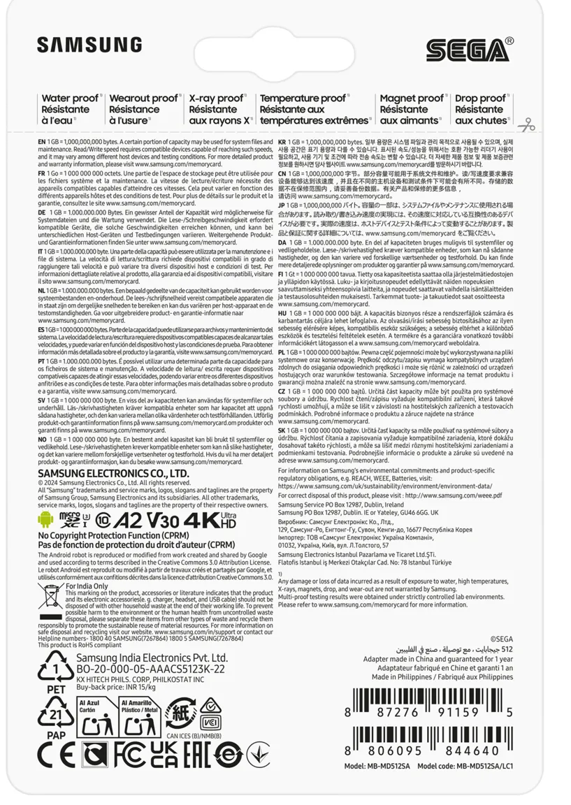 Samsung PRO Plus 512 GB MicroSDXC UHS-I U3 V30 A2 kort + SD-adapter, bl&aring;, vit