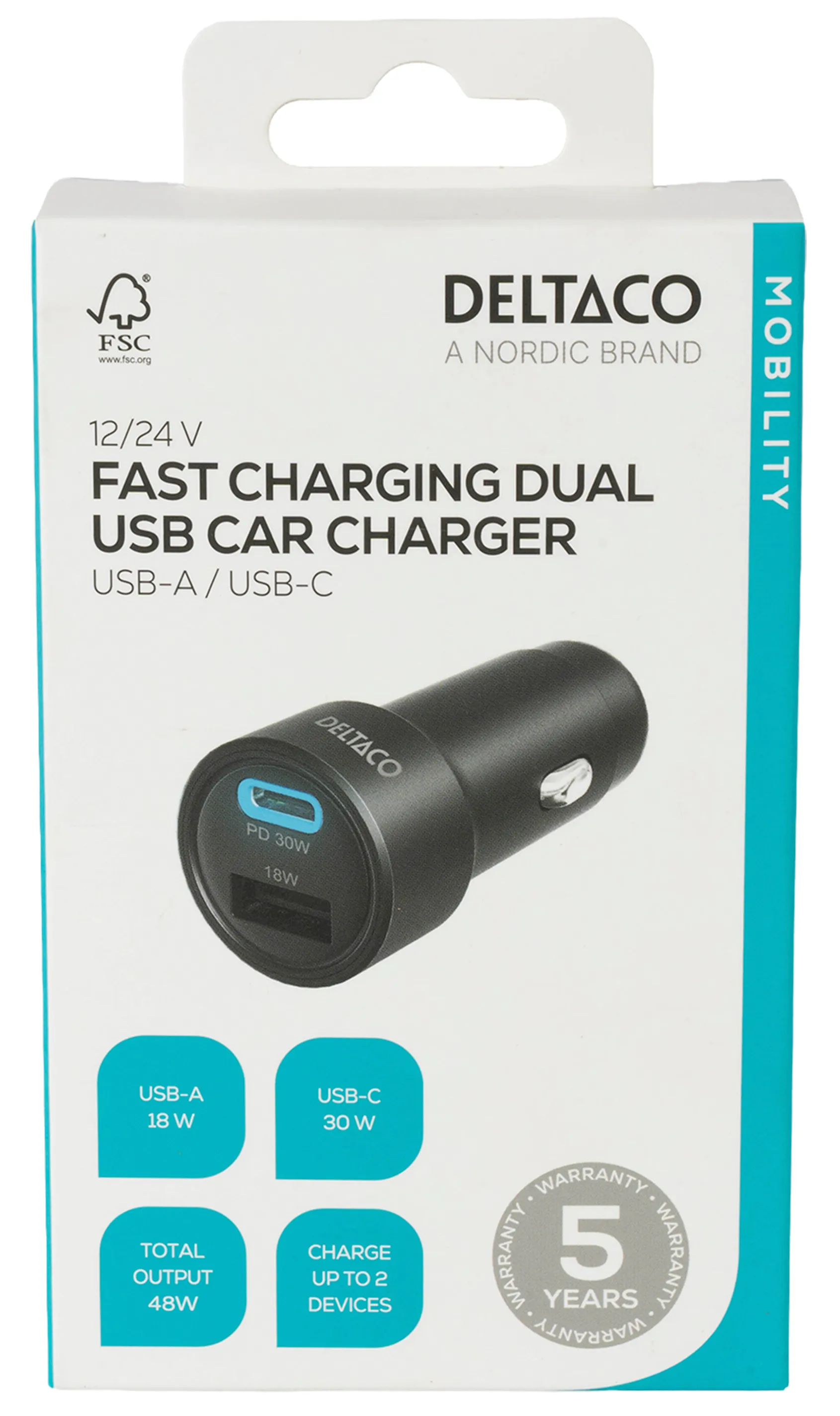 DELTACO USB-C car charger, 1x USB-A, 2x USB-C, PD 100 W, black