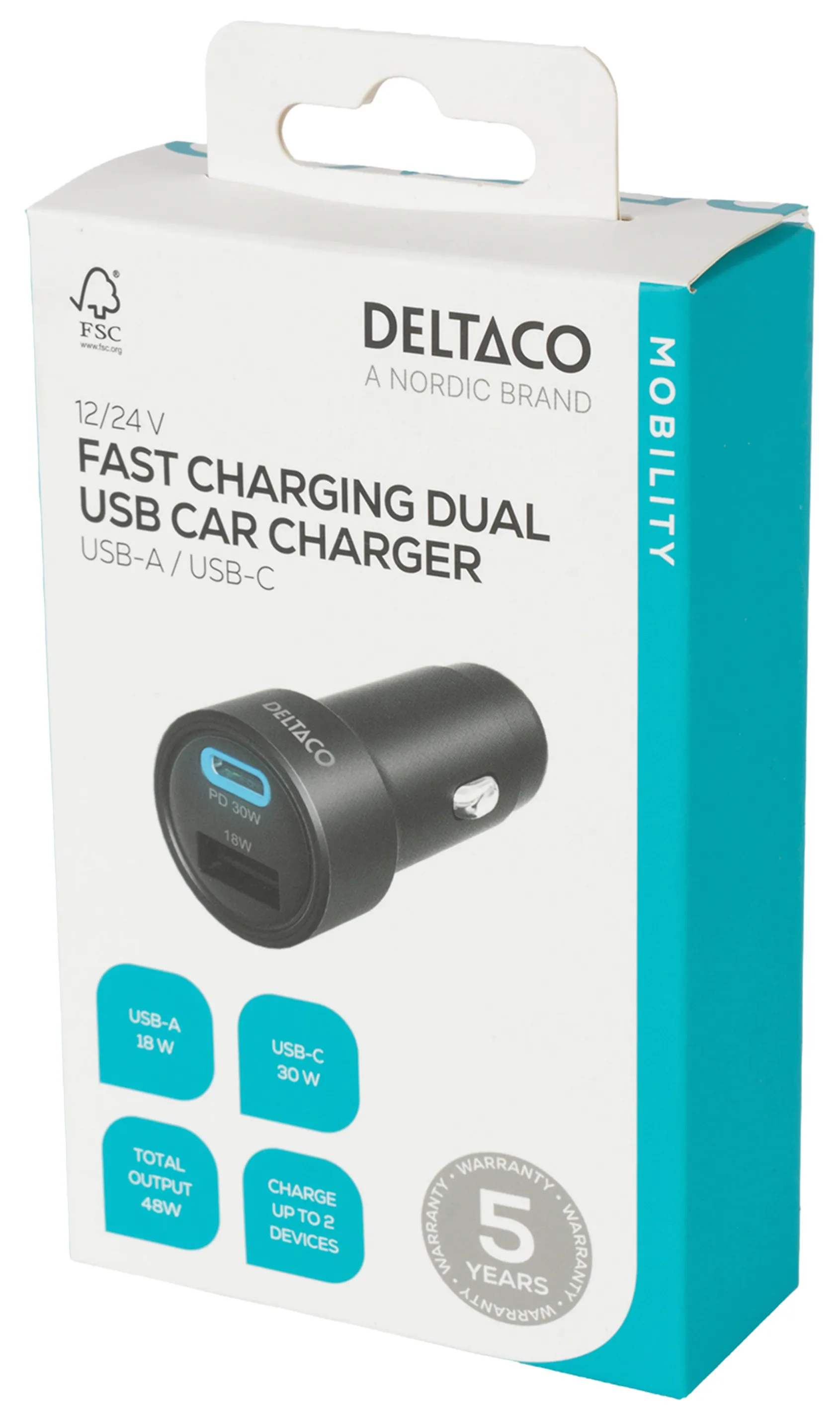 DELTACO USB-C car charger, 1x USB-A, 2x USB-C, PD 100 W, black