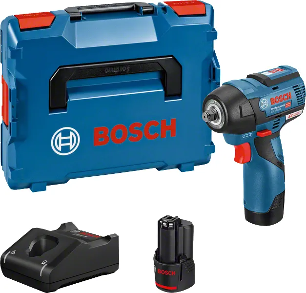 Bosch GDS 12V-115 Hiiliharjaton akkutoiminen mutterinv&auml;&auml;nnin 12 Volttia 3/8 Tuumaa, 2 x 3,0 Ampeeritunnin akkua, laturi, L-BOXX (Musta, Sininen, Punainen)