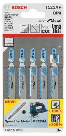 Bosch jigsaw blade T 121 AF Speed for Metal, 92mm (5 pieces)