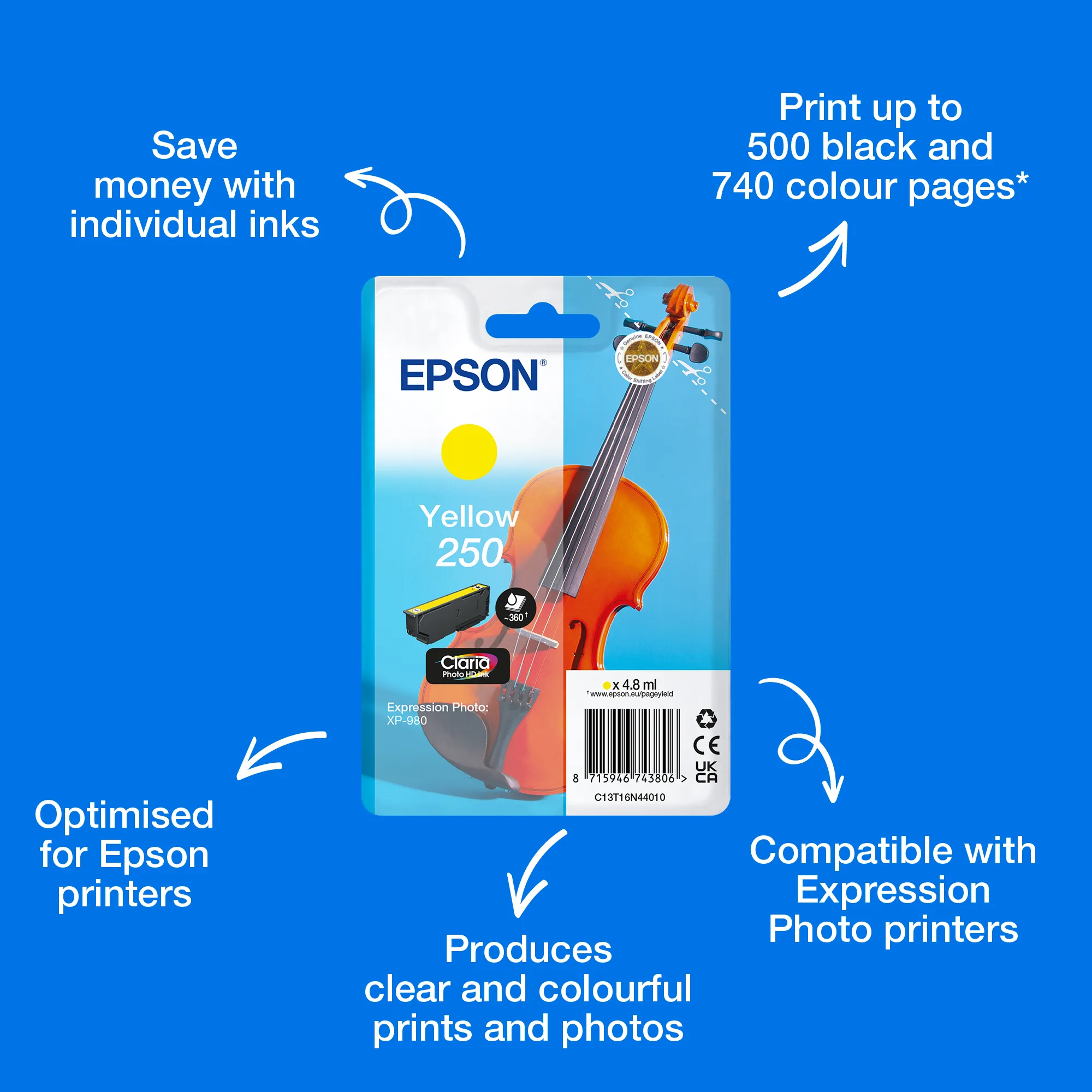 Epson 250 -mustekasetti, 4.8 ml, keltainen