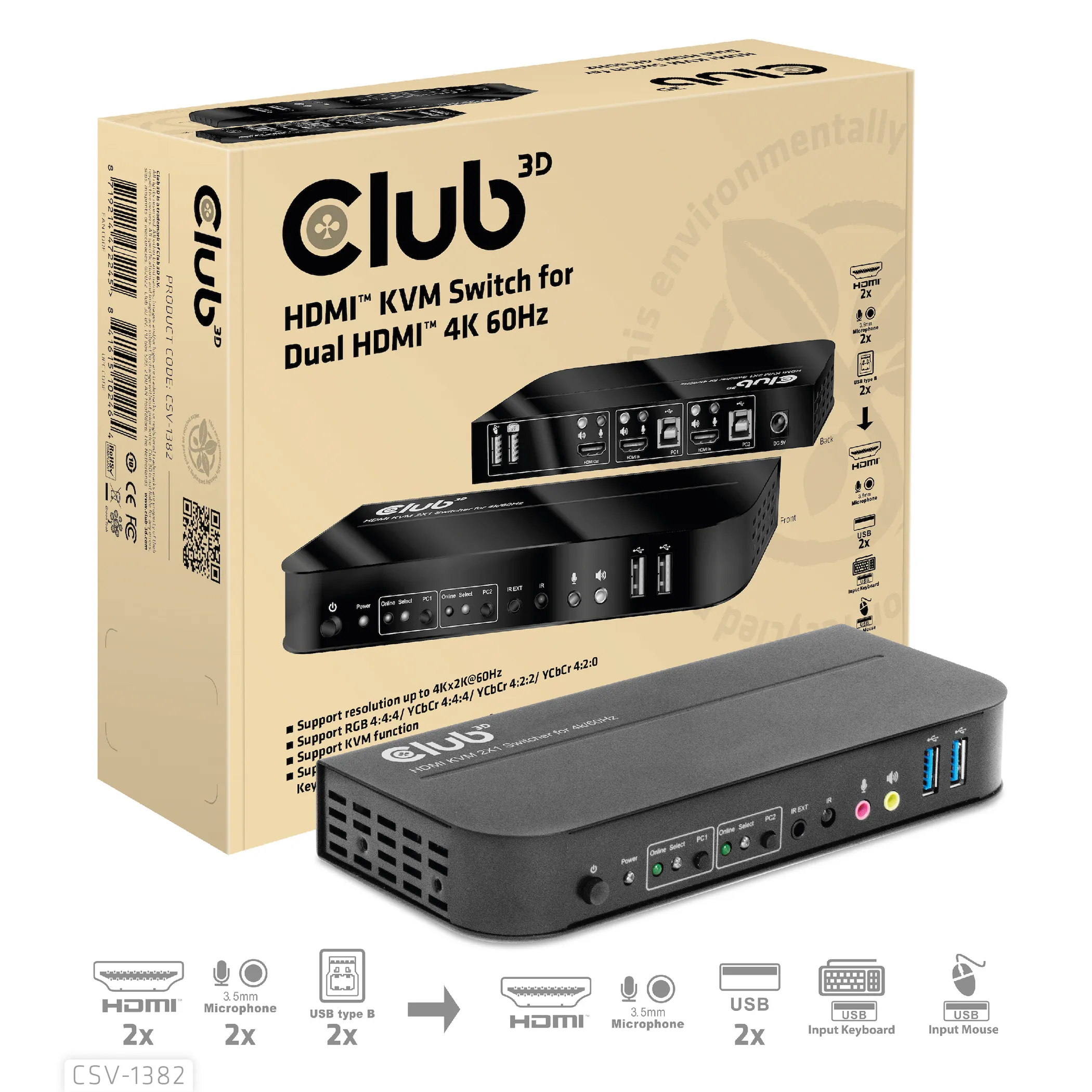Club 3D KVM Switch for Dual HDMI 4K 60Hz, KVM - switch, Svart