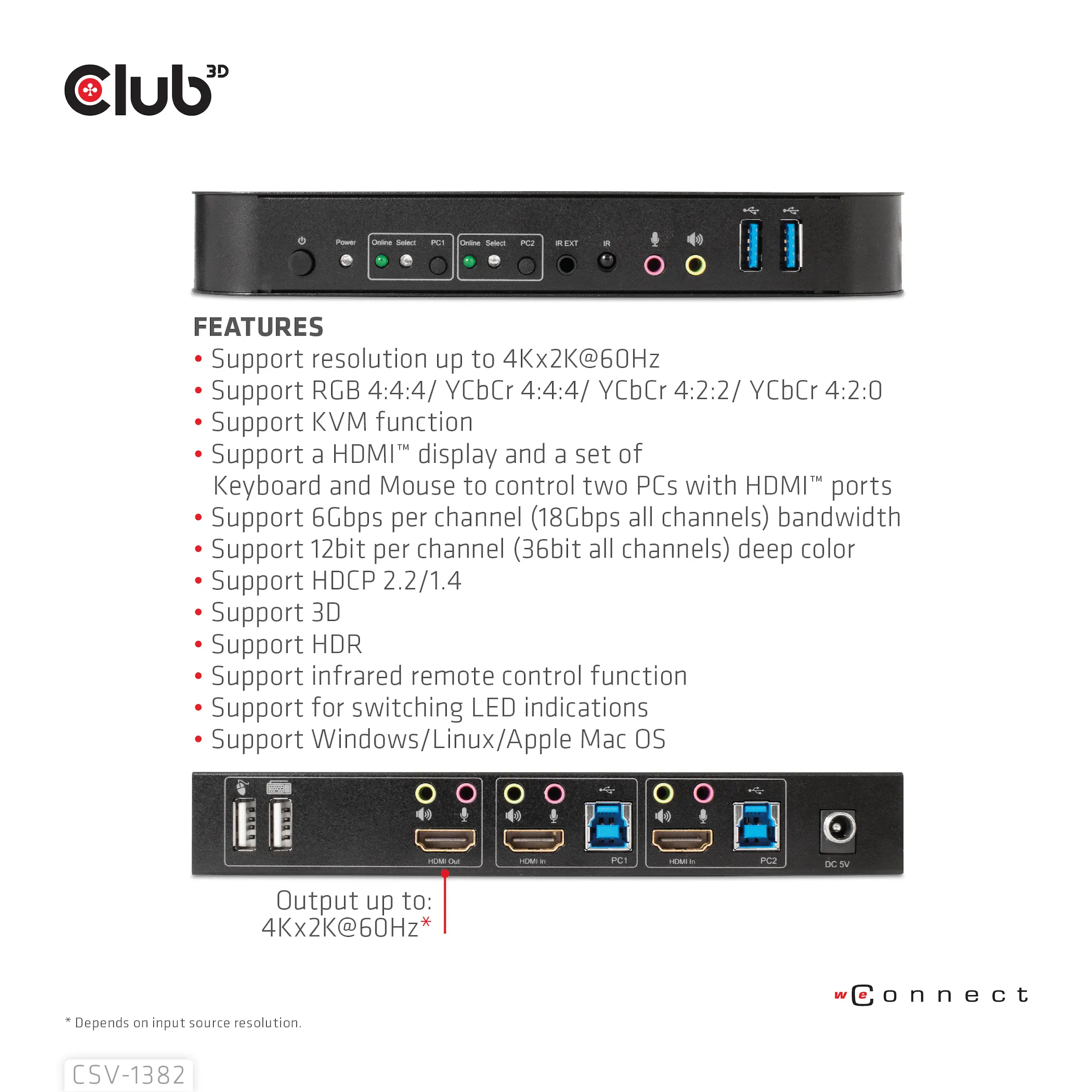 Club 3D KVM Switch for Dual HDMI 4K 60Hz, KVM - switch, Svart