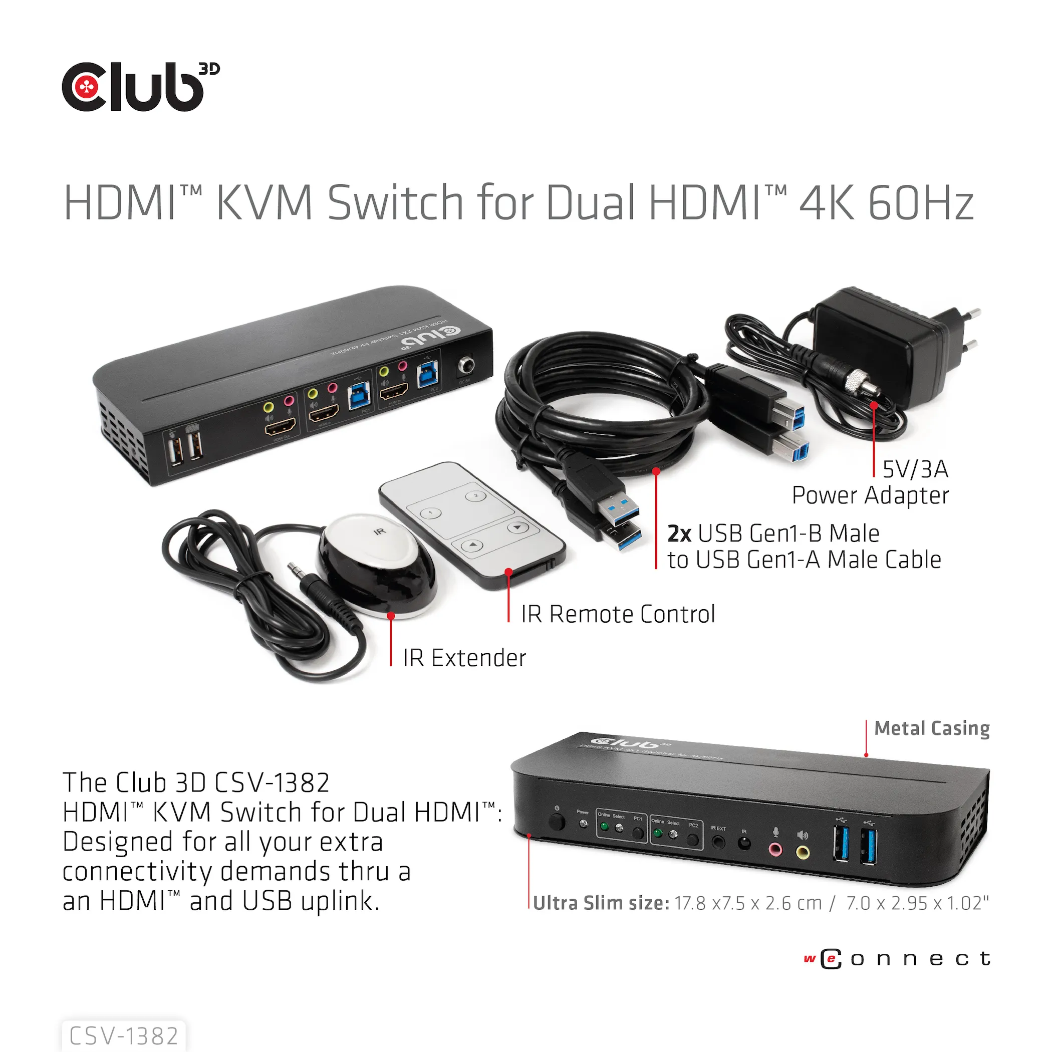 Club 3D KVM Switch for Dual HDMI 4K 60Hz, KVM - switch, Svart