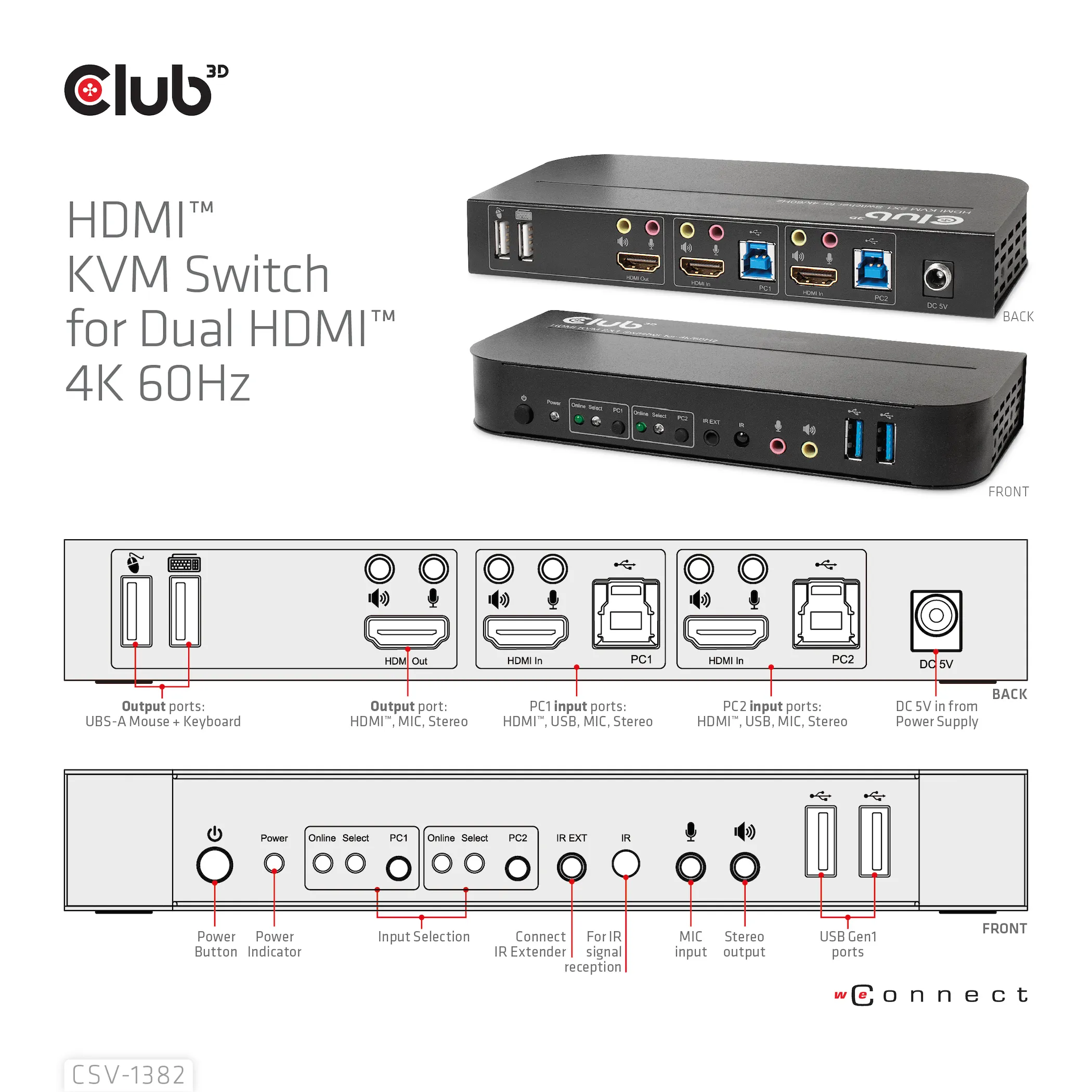 Club 3D KVM Switch for Dual HDMI 4K 60Hz, KVM - switch, Svart