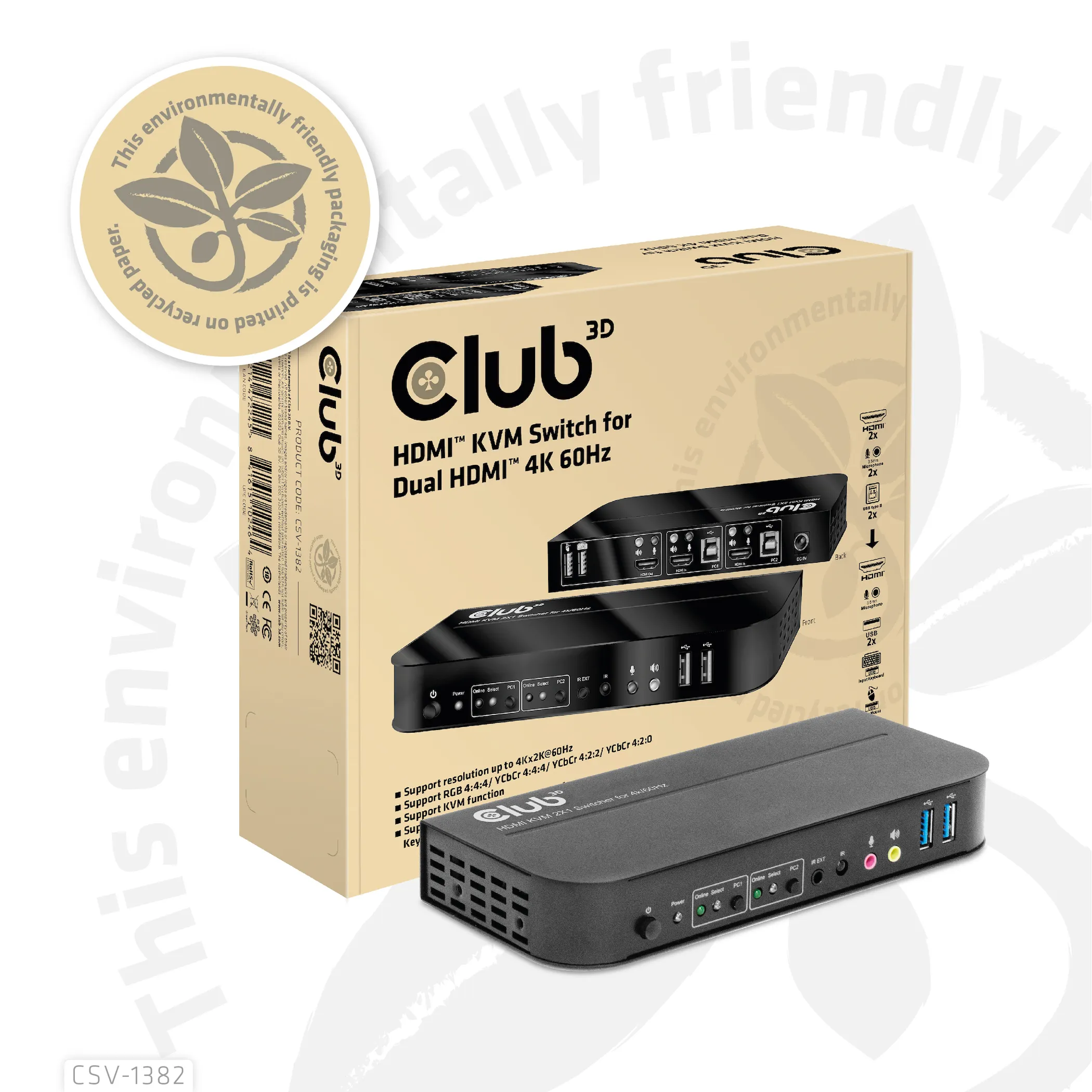 Club 3D KVM Switch for Dual HDMI 4K 60Hz, KVM - switch, Svart