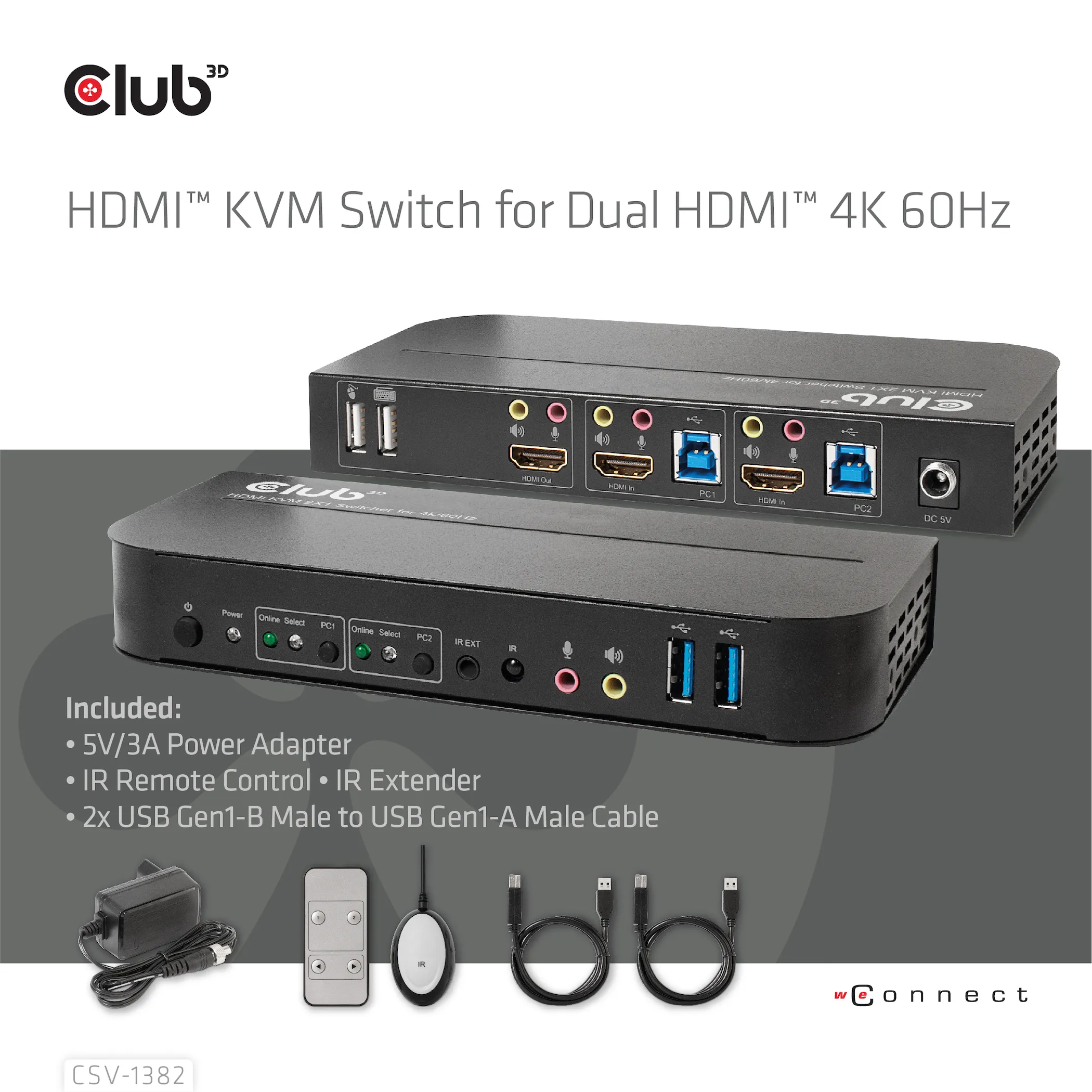 Club 3D KVM Switch for Dual HDMI 4K 60Hz, KVM - switch, Svart