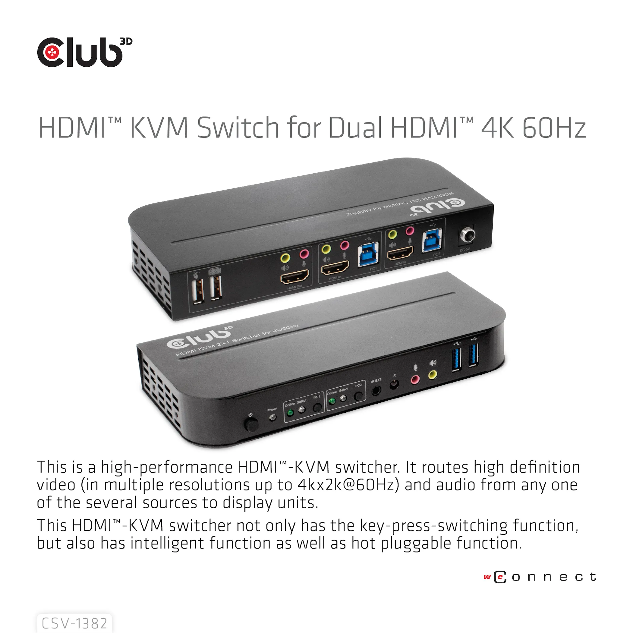 Club 3D KVM Switch for Dual HDMI 4K 60Hz, KVM - switch, Svart