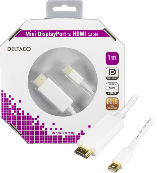 DELTACO mini DisplayPort till HDMI kabel med ljud, ha-ha, 1m, vit