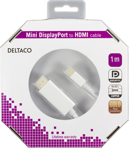 DELTACO mini DisplayPort till HDMI kabel med ljud, ha-ha, 1m, vit