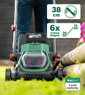 Bosch Rotak 18V2-38 Solo batteridriven gr&auml;sklippare, 36V, borstl&ouml;s, 38 cm (utan batteri och laddare)
