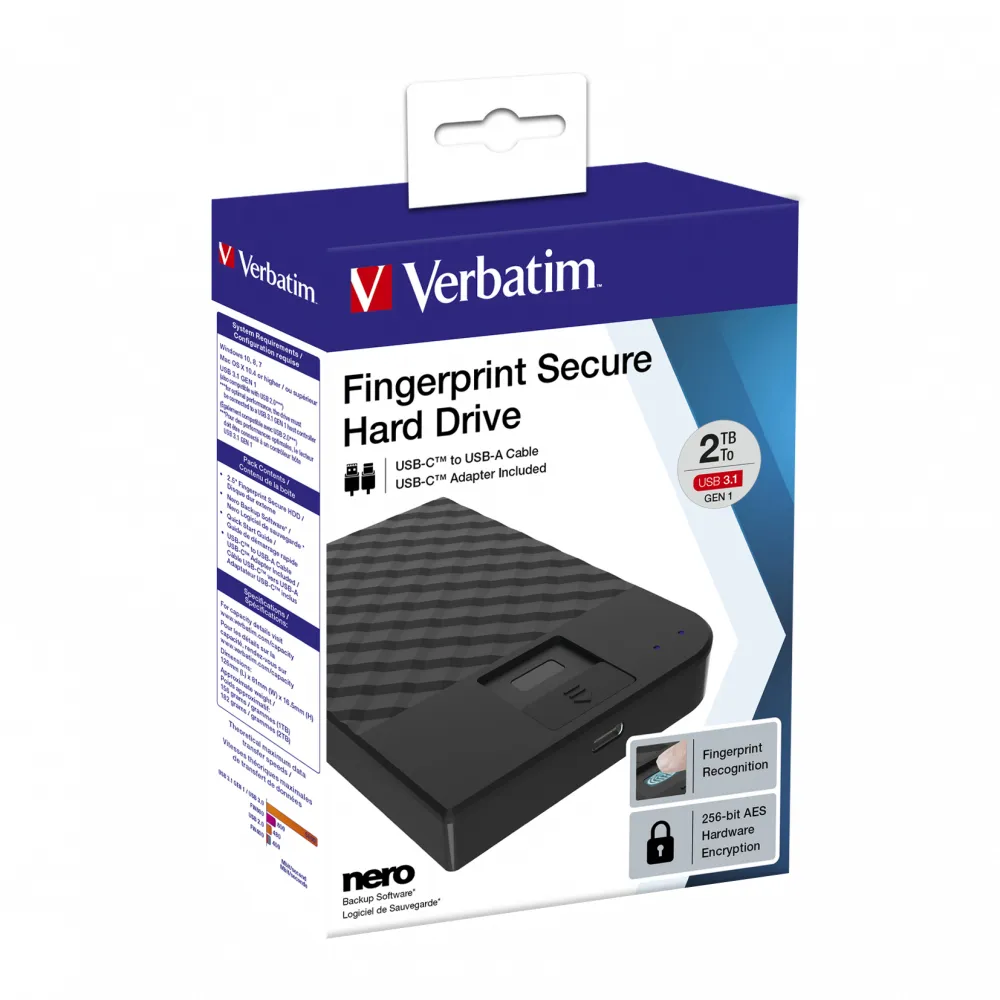 Verbatim Fingerprint Secure 2 TB - extern h&aring;rddisk , Svart