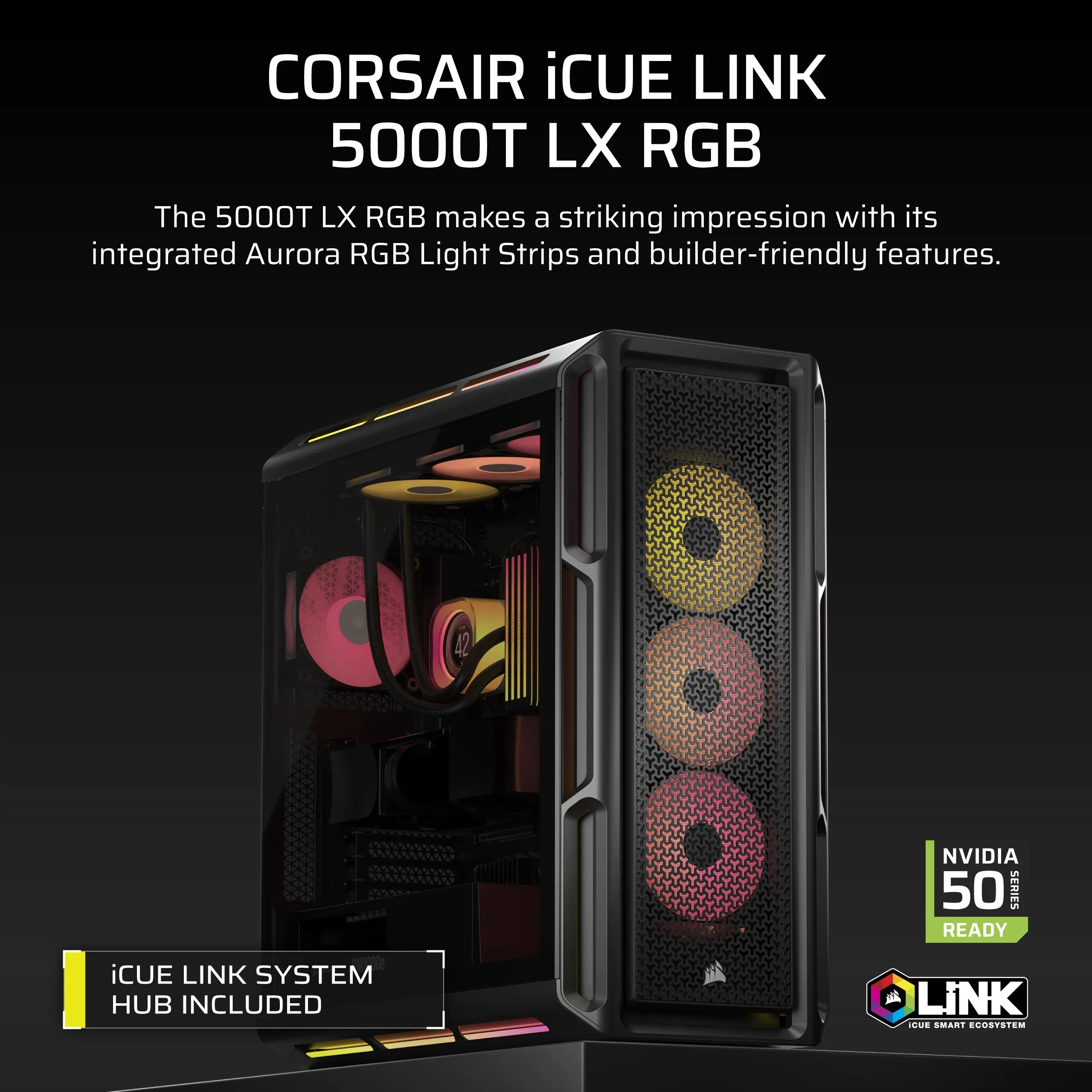 Corsair iCUE 5000T LX RGB Midi-Tower Case with window and RGB lighting, Black Corsair iCUE 5000T LX RGB Midi-Tower Case with window and RGB lighting, Black