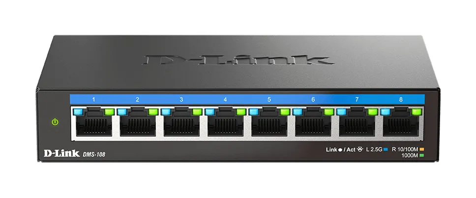 D-Link DMS-108/E - hallitsematon 8-porttinen 2,5 gigabitin Ethernet-kytkin, Musta