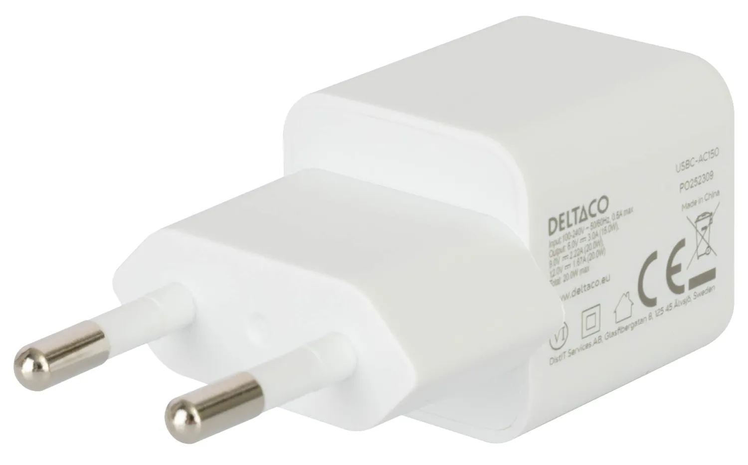 DELTACO USB-C mini wall charger, 1x USB-C, PD 20 W, white