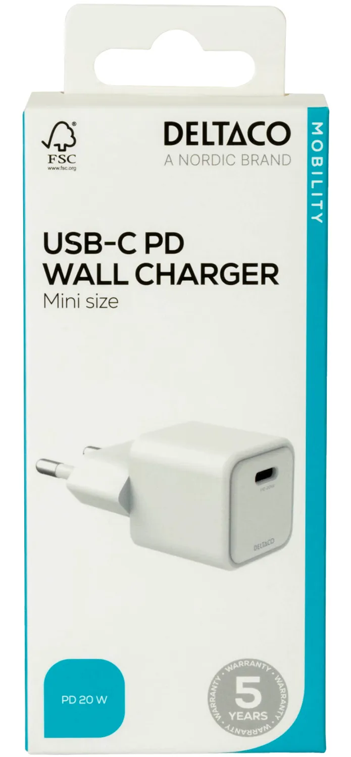 DELTACO USB-C mini wall charger, 1x USB-C, PD 20 W, white
