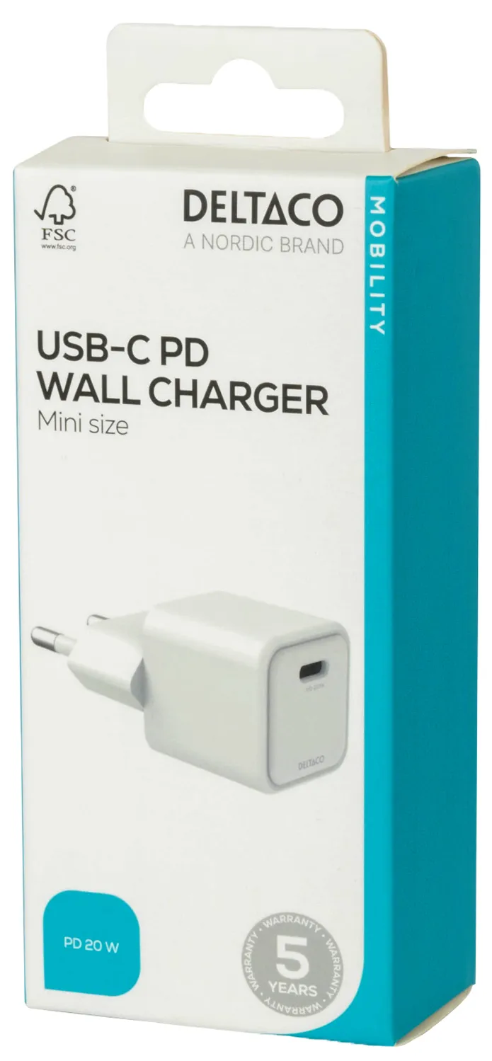 DELTACO USB-C mini wall charger, 1x USB-C, PD 20 W, white