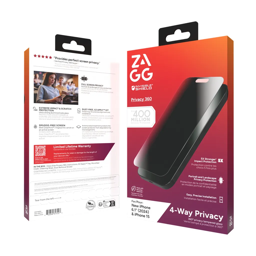 Zagg InvisibleShield Glass Elite Privacy 360 iPhone 16 / 15 - skärmskydd