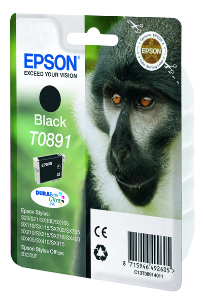 Epson T0891 - Kasetti tulostimelle - 1 x musta - blister RF:ll&auml;/&auml;&auml;nih&auml;lyttimell&auml; malleihin Stylus S21, SX105, SX110, SX115, SX210, SX215, SX400, SX410, SX415, S