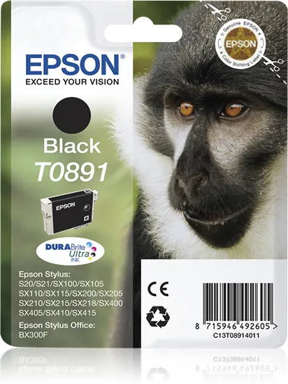 Epson T0891 - Kasetti tulostimelle - 1 x musta - blister RF:ll&auml;/&auml;&auml;nih&auml;lyttimell&auml; malleihin Stylus S21, SX105, SX110, SX115, SX210, SX215, SX400, SX410, SX415, S