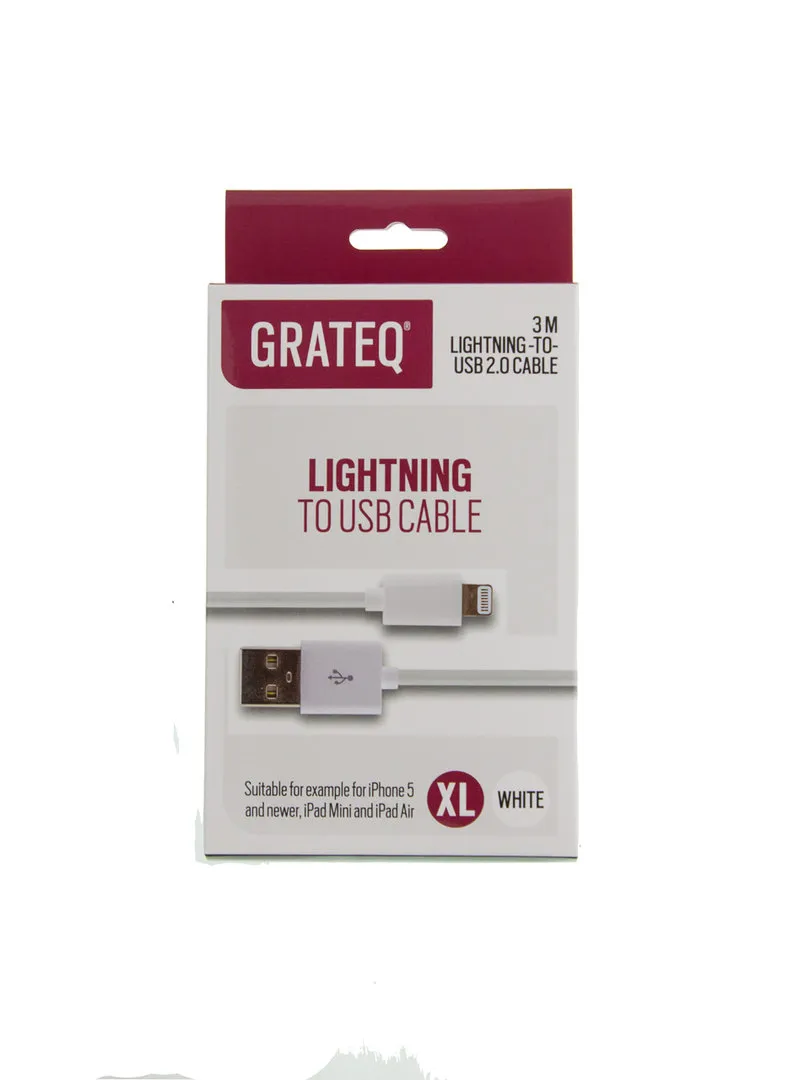 Grateq Lightning -USB kaapeli, 3 m, Valkoinen